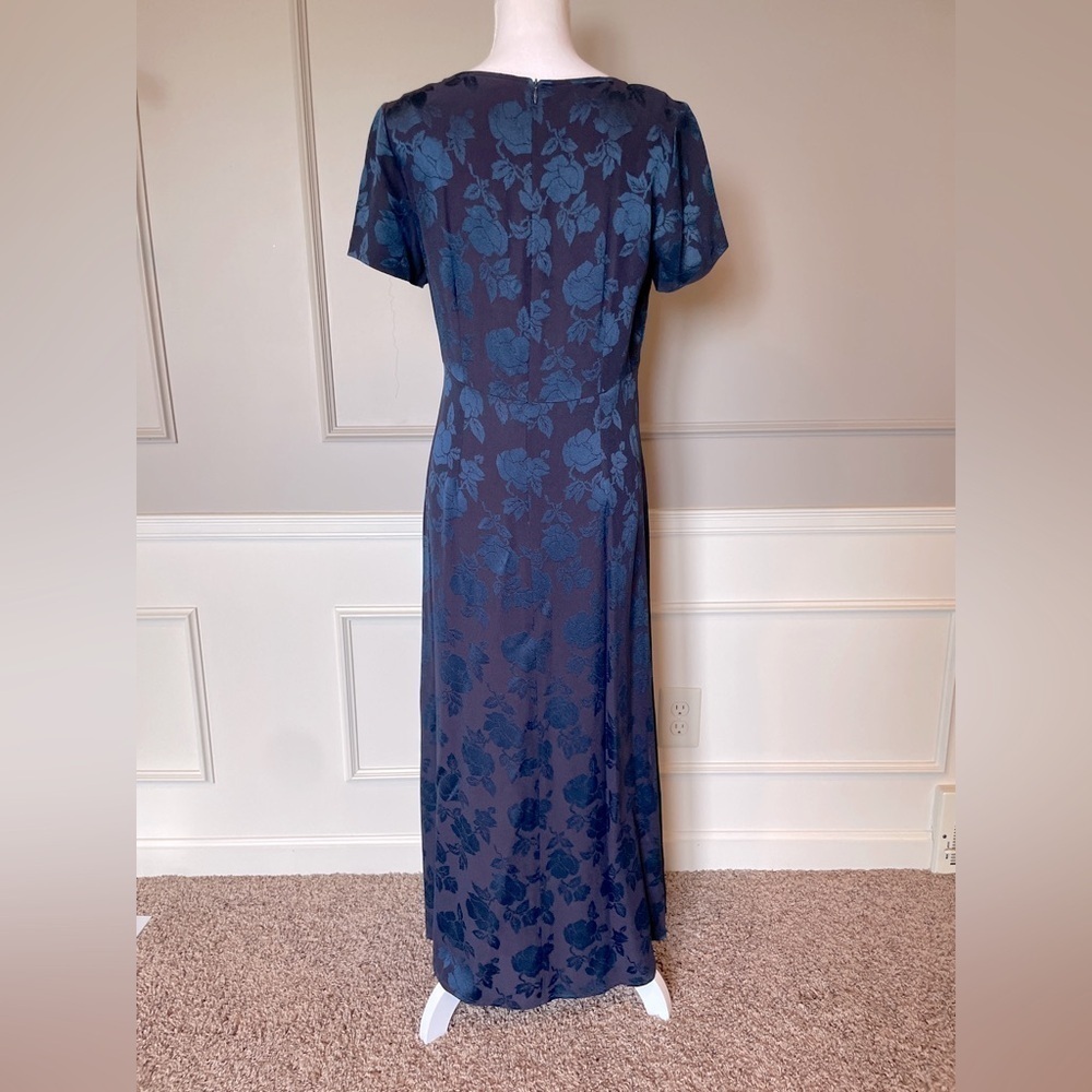Vintage Laura Ashley long dress 8 jacquard acetate floral navy sheen tea 90s Y2K - Picture 3 of 5